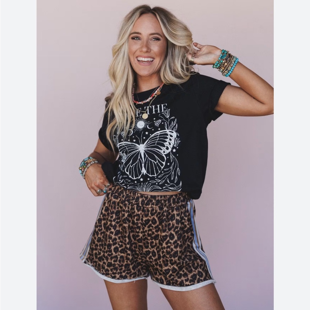 Three Bird Nest Leopard Print Athletic Shorts with Side Stripe